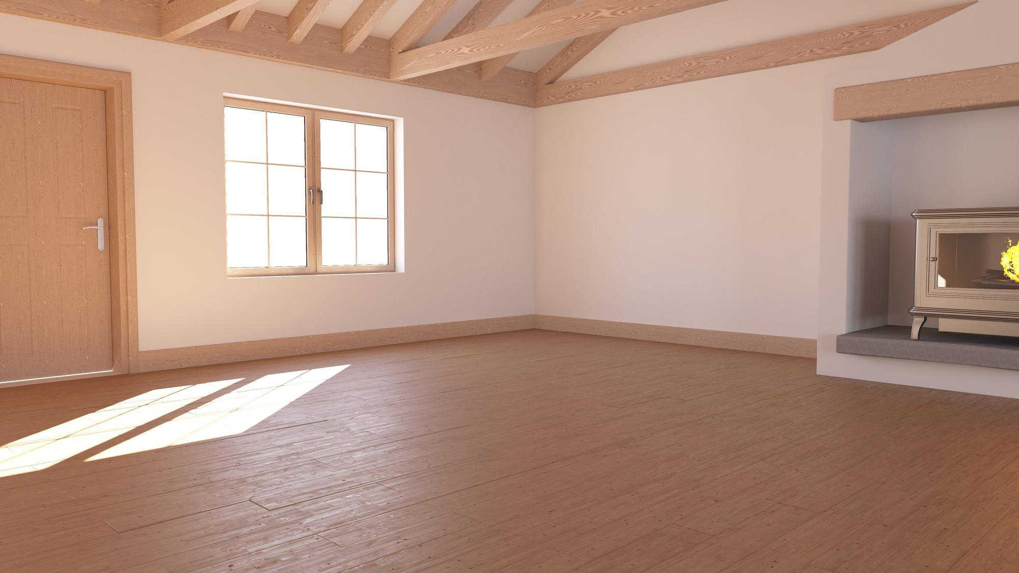 Salon lumineux avec poutres bois, poêle moderne et parquet clair réalisé par lj à gimont