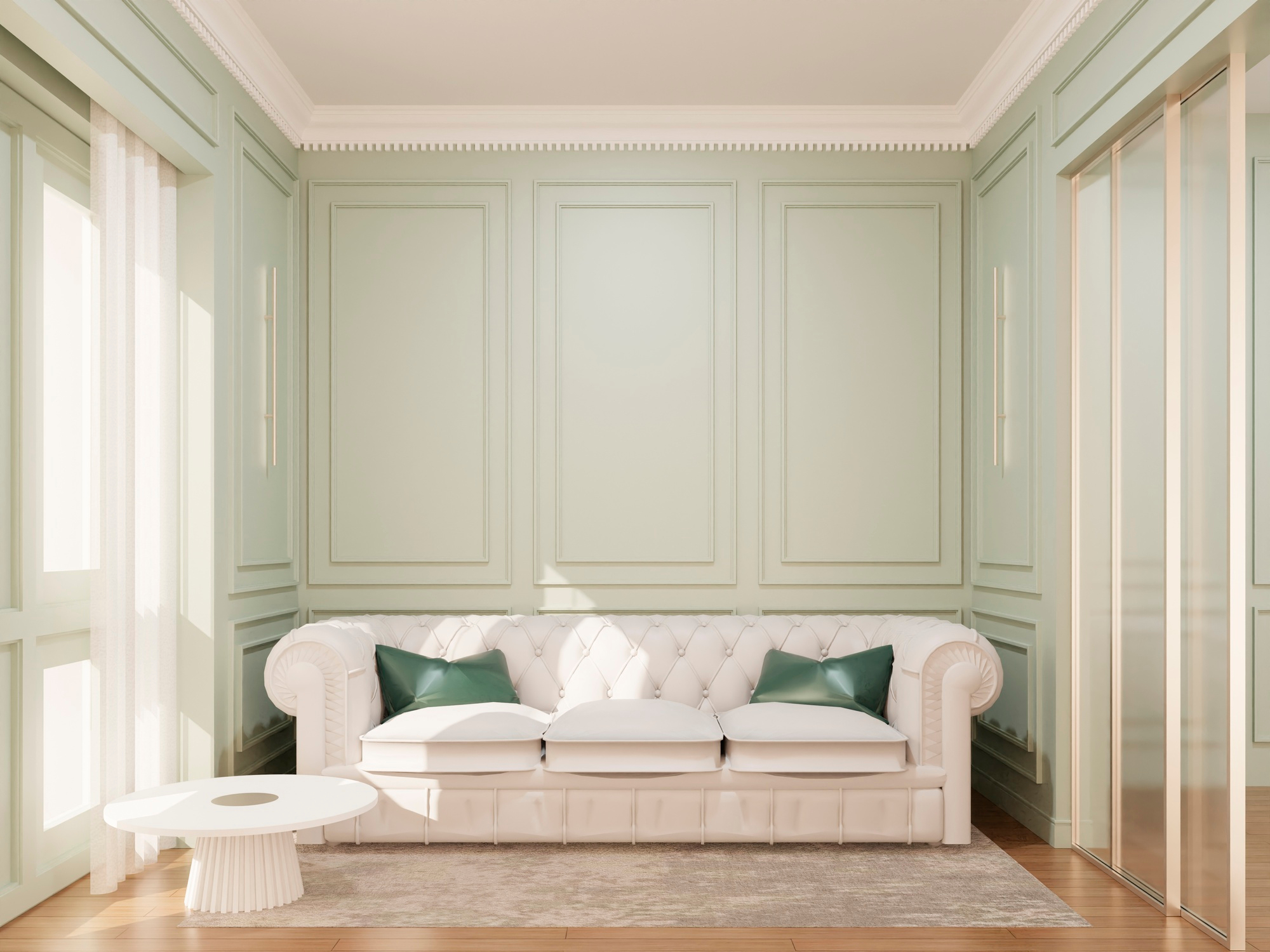 Salon lumineux au canapé Chesterfield blanc, déco chic et épurée lj à gimont